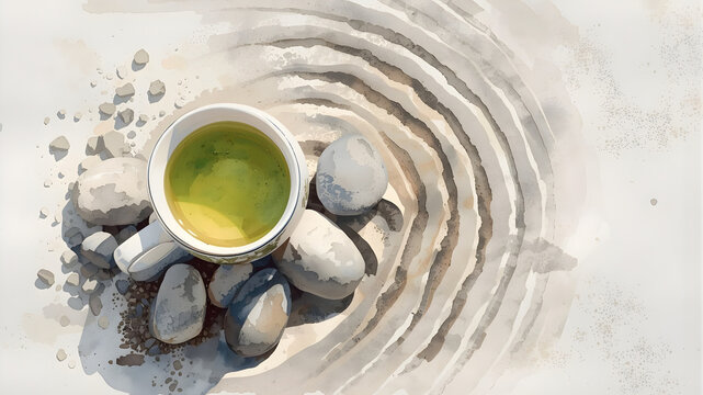 A serene watercolor illustration of a cup of green tea resting amidst smooth garden zen stones