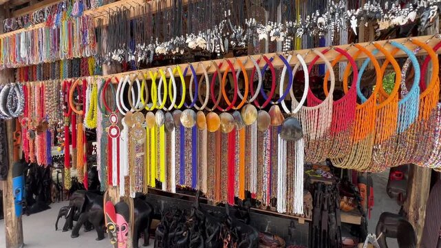 Jewelry sales shelves for tourists on Kwale Island. Zanzibar, Tanzania.