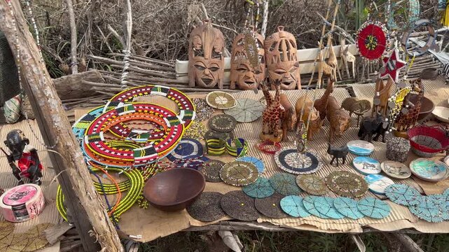 Souvenirs for tourists in Maasai village in Ngorongoro, Tanzania.