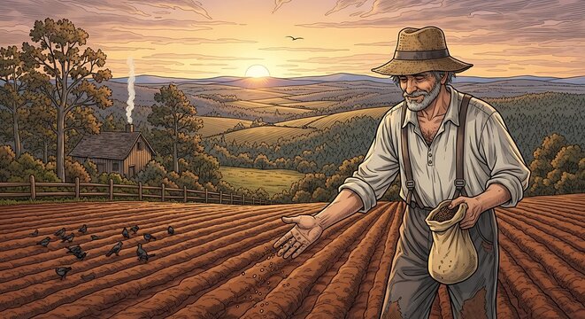 Farmer Sowing Field.