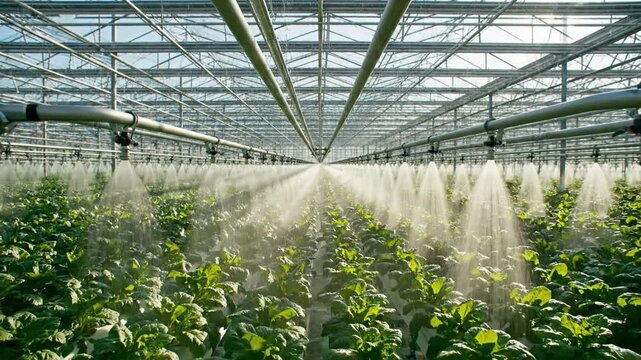 Greenhouse irrigation system for crop cultivation and leafy plant growth with mist spray, water pipe, farm interior, glass roof, sunlight, humidity, and moisture