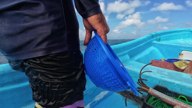 Medium shot of a local fisherman standing on blue wooden boat, holding a plastic strainer to throw live bait into the sea while navigating through ocean waves with gaff hook and fishing tools visible.