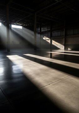 Dramatic sunlight streaming through windows in a large empty industrial warehouse hall