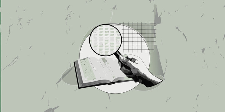 Hand holding magnifying glass over open book and grid pattern