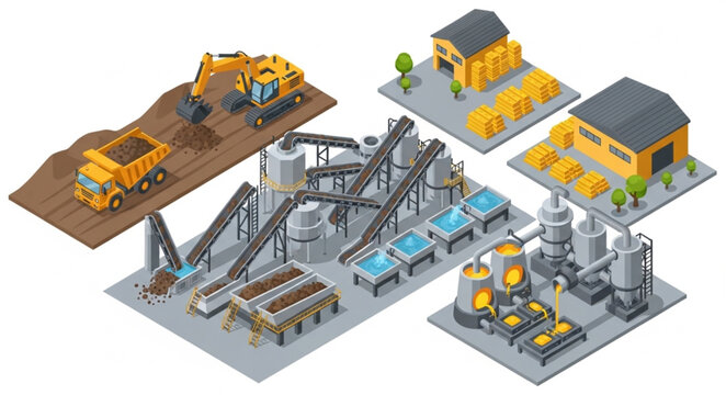 Industrial factory complex with heavy machinery and construction equipment.