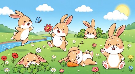 Naklejka premium Cute rabbits in a grassy meadow with flowers
