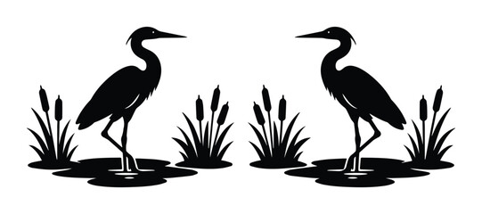 Fototapeta premium Elegant Heron Silhouettes, a pair of black wading birds in a pond with cattails, minimalist vector illustration for nature and wildlife designs