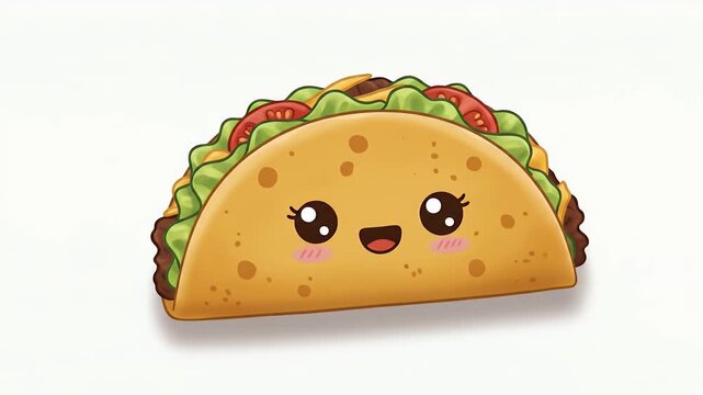 A cute cartoon taco with smiling face and colorful fillings is shown