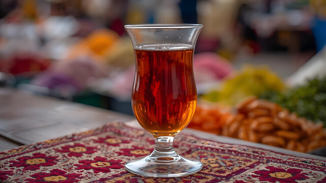 A clear glass filled with dark amber tea sitting on a decorative patterned fabric in a market