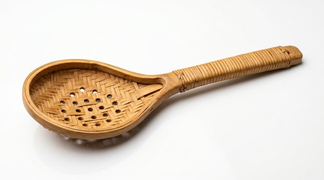 Professional studio photograph of wide-bowl bamboo perforated skimmer spoon with reinforced double-weave handle and large steam drainage holes.