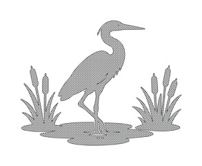 Fototapeta premium Minimalist heron silhouette vector, elegant crane bird standing in marsh water, grey waterfowl with cattails and reeds, wildlife nature illustration