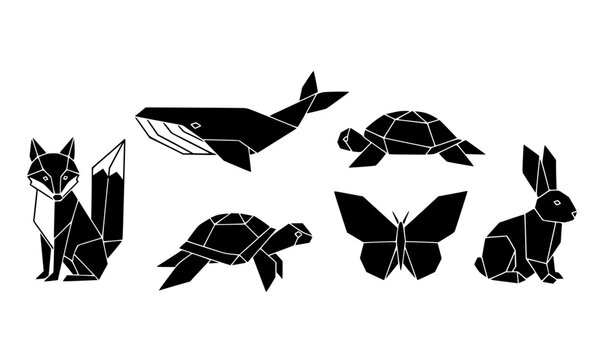 Geometric origami animals silhouette set black vector fox whale turtle butterfly rabbit design