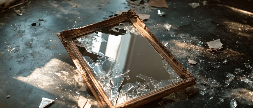 Broken ornate mirror with shattered glass on dark floor