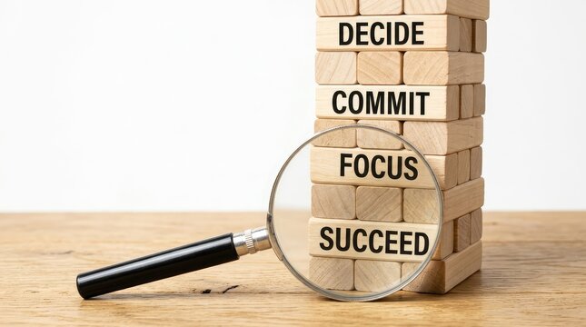 Magnifying glass highlights the path to success with decide commit focus succeed blocks