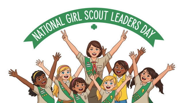 A vector illustration commemorates National Girl Scout Leaders Day, showing a diverse group of smiling girls in scout uniforms with arms raised in celebration, set against a clean white