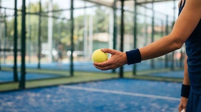 Person holding a yellow ball on a blue court