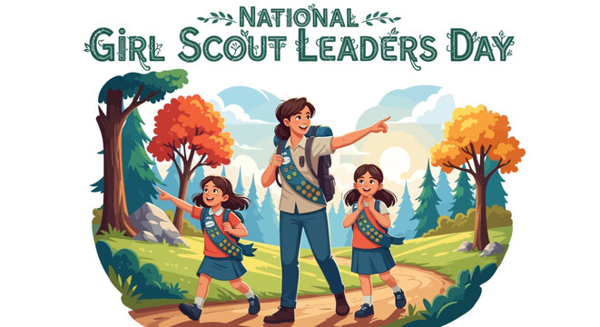 Vector illustration depicting National Girl Scout Leaders Day, showcasing a leader guiding young girls in an outdoor learning activity around a campfire, with scouting equipment and tents