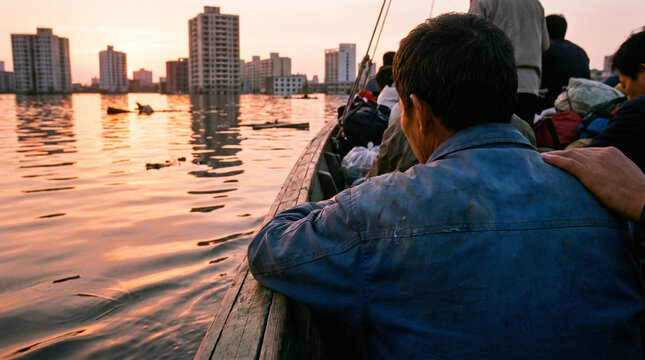 People in a boat navigating through a sinking cityscape at sunset, with an island silhouette and tall buildings reflecting on the water