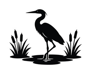 Fototapeta premium Great blue heron silhouette vector, elegant marsh bird standing in water with cattails, minimalist black crane icon for nature logo design