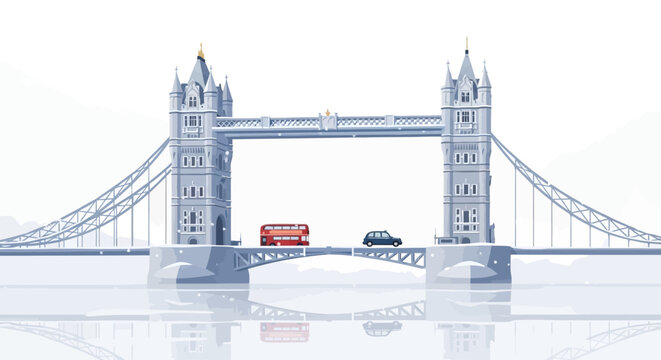 Iconic London Bridge Under Snowy Skies With Red Bus And Black Cab