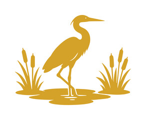 Fototapeta premium Golden heron silhouette in marshland, elegant crane bird vector icon, minimalist gold egret standing in water with cattails and reeds