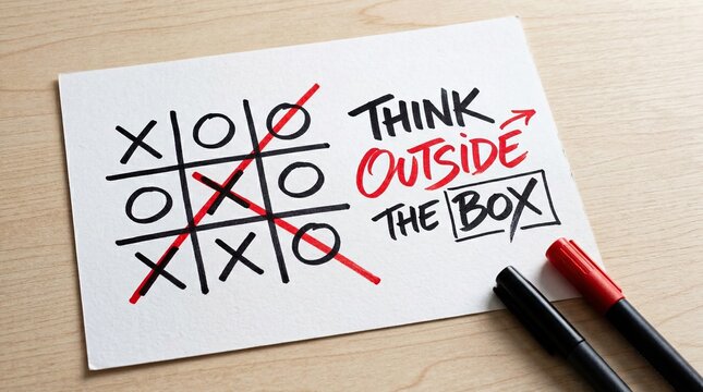 Think outside the box concept with tic tac toe winning line break