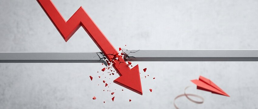 Economic downturn concept with red arrow breaking support line