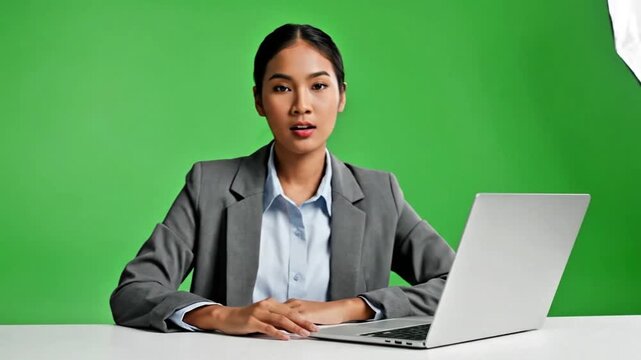 A professional woman in a gray suit sits at a desk with a laptop in front of a green screen, ready for a broadcast or presentation