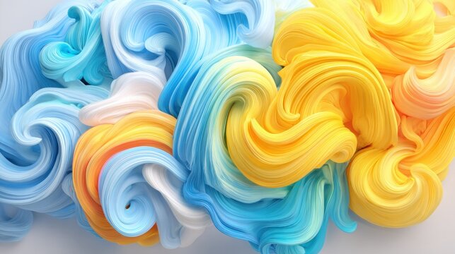 Vibrant swirls of bright yellow and cool blue abstract material intermingle dynamically