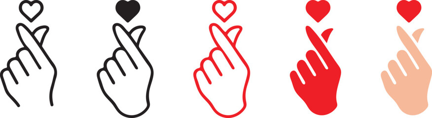 Fototapeta premium Finger heart hand gesture icon symbolizing love and affection. Romantic valentine sign illustration for dating apps, social media, greeting cards, couples content and love themed designs.