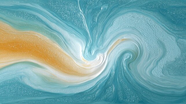 Fluid art composition displays swirling waves of metallic aqua, white, and golden ochre colors.