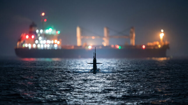 Submarine with periscope submerged in moonlit ocean, distant ship illuminated at night, creating a mysterious and nautical atmosphere