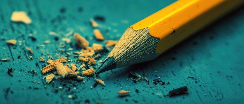 Sharpened pencil and wood shavings on teal surface close up macro photography