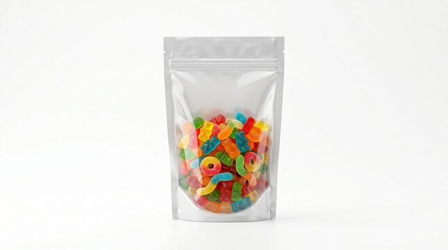Colorful gummy candy packaging mockup isolated on white background with vibrant sweets visible through transparent window modern pouch design minimal composition clean lighting professional product 