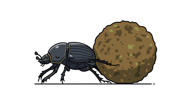 Cartoon dung beetle rolling large ball insect illustration on white background