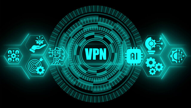 Vpn virtual private network text centered inside a glowing cyan circular interface with surrounding hexagonal representing artificial intelligence and digital network connectivity