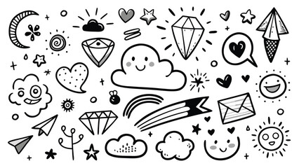 Fototapeta premium Whimsical Hand Drawn Doodle Elements with Stars Clouds and Hearts for Creative Design