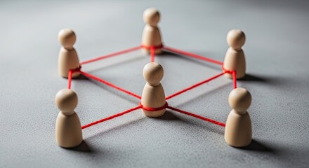 Obraz premium Business networking and collaboration wooden figures connected by red strings representing strategic partnerships and teamwork for success