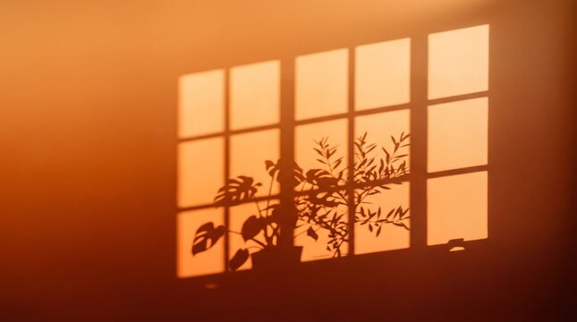 Golden hour window shadow, warm sunset light, plant silhouette on wall