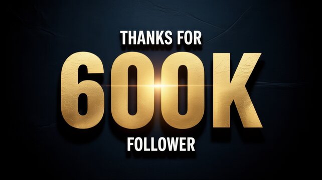 Gold 3D text "thanks for 600k follower" with dramatic lighting thank you social media followers count online growth online community appreciation post content creator follower celebration