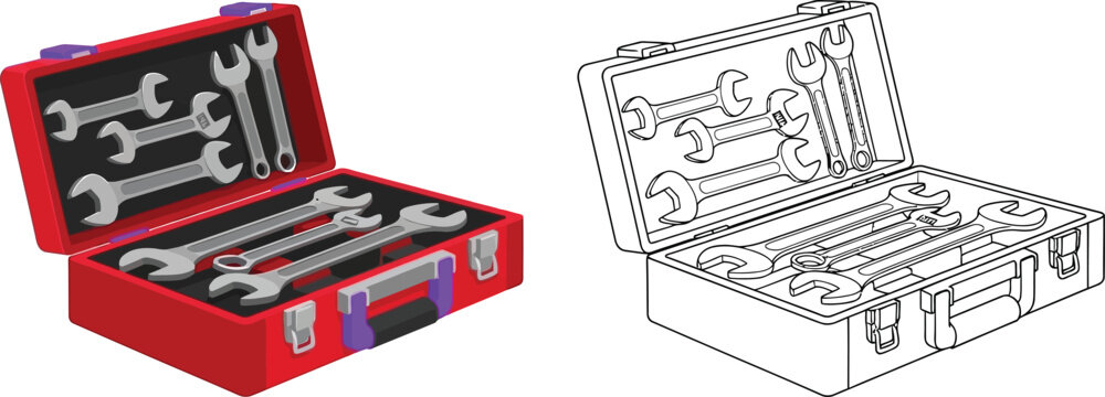 Open red toolbox with a set of wrenches isolated on white background professional tool kit for repair and maintenance