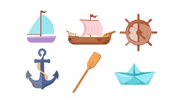 Colorful cartoon vessel icons collection with sailboat trireme anchor rudder oar and paper boat friendly vector set