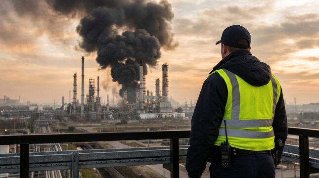 Security officer observing a cyber attacked refinery engulfed in thick black smoke under a cloudy sky, industrial landscape with safety gear, dramatic atmosphere