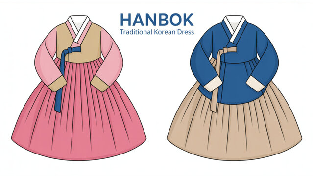 Two cartoon dolls dressed in vintage-style dresses with long sleeves and full skirts Vector