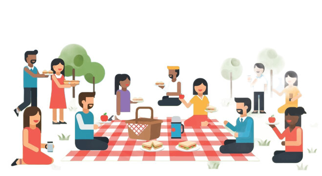 Vector picnic scene, outdoor gathering, people eating, social party, red blanket