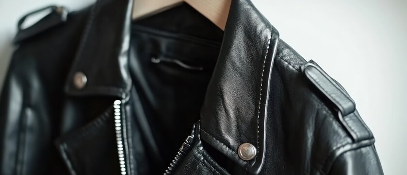 Black leather jacket detail close up texture and stitching