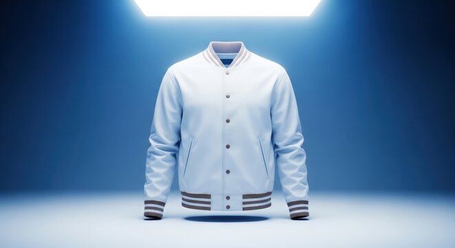 Fashionable white baseball jacket on display.