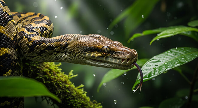 Majestic Burmese python snake flicking its bifurcated tongue in a dense humid tropical rainforest habitat, showing intense predatory focus and wild reptile instinctual behavior.