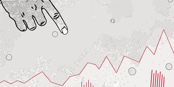 A hand points towards a rising red line graph on a halftone background