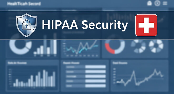 HIPAA Compliance Security Banner Featuring Digital Shield Padlock and Medical Cross Icon Over a Blurred Healthcare Data Dashboard Background with Patient Privacy and Information Protection